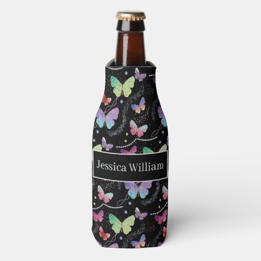 Persoonlijke naam Elegant Paars Bright Butterflies Flesjeskoeler (Fles Voorkant)