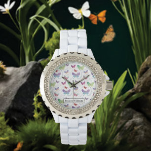 Persoonlijke naam Elegant Paars Bright Butterflies Horloge