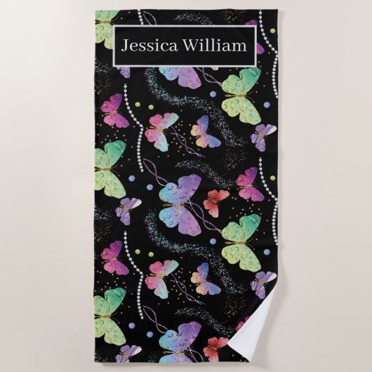 Persoonlijke naam Elegant Paars Bright Butterflies Strandlaken (Voorkant)
