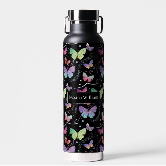 Persoonlijke naam Elegant Paars Bright Butterflies Waterfles (Voorkant)