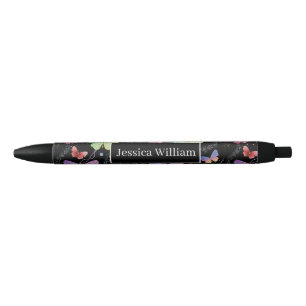 Persoonlijke naam Elegant Paars Bright Butterflies Zwarte Inkt Pen