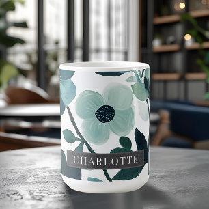 Persoonlijke naam Elegante blauwe aqua bloemenvine Koffiemok
