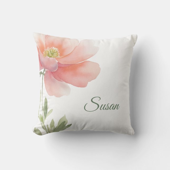 Persoonlijke Naam Elegante Waterverf Bloem Kussen (Voorkant)