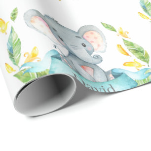 Persoonlijke naam Elephant Baby Blauwgroen en grij Cadeaupapier
