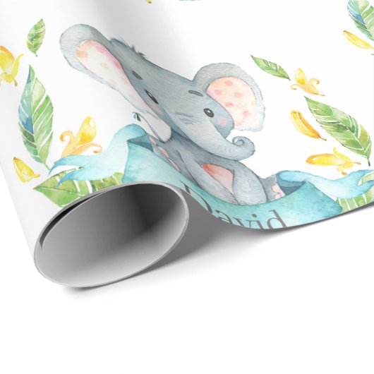 Persoonlijke naam Elephant Baby Blauwgroen en grij Cadeaupapier (Rol Hoek)