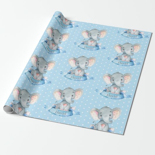 Persoonlijke naam Elephant Baby Boy Blue en Grey Cadeaupapier (Uitgerold)