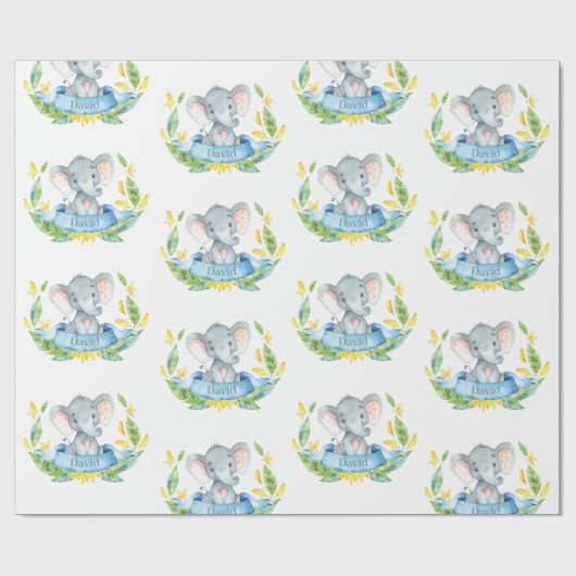 Persoonlijke naam Elephant Baby Boy Blue en Grey Cadeaupapier (Vlak)