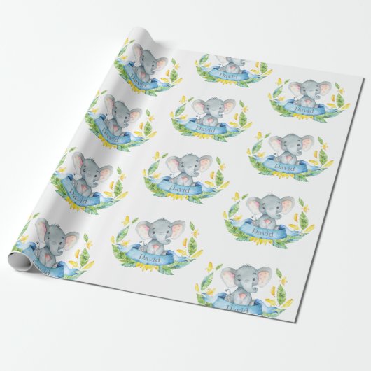 Persoonlijke naam Elephant Baby Boy Blue en Grey Cadeaupapier (Uitgerold)