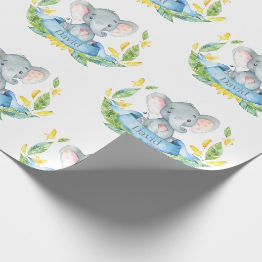 Persoonlijke naam Elephant Baby Boy Blue en Grey Cadeaupapier (Hoek)