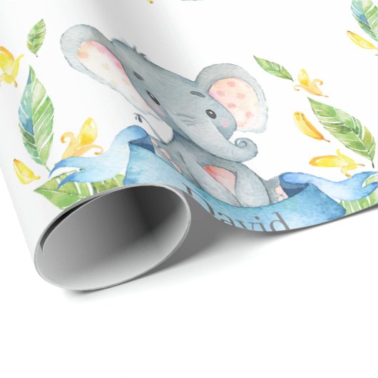 Persoonlijke naam Elephant Baby Boy Blue en Grey Cadeaupapier (Rol Hoek)