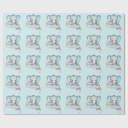 Persoonlijke naam Elephant Baby Boy Blue & Grey Cadeaupapier (Vlak)