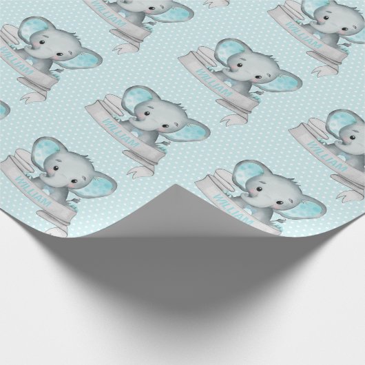 Persoonlijke naam Elephant Baby Boy Blue & Grey Cadeaupapier (Hoek)