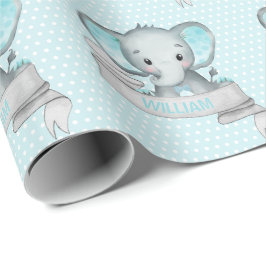 Persoonlijke naam Elephant Baby Boy Blue & Grey Cadeaupapier