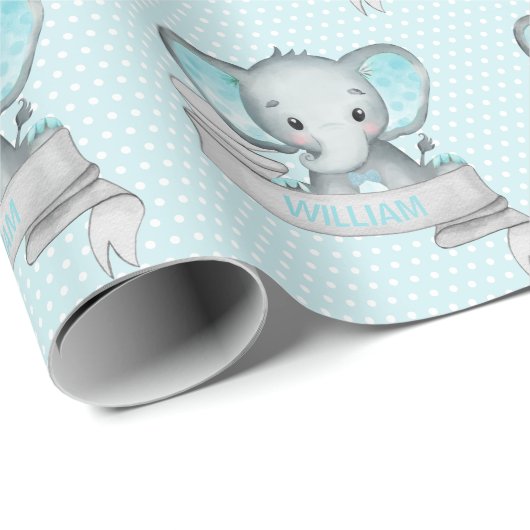 Persoonlijke naam Elephant Baby Boy Blue & Grey Cadeaupapier (Rol Hoek)
