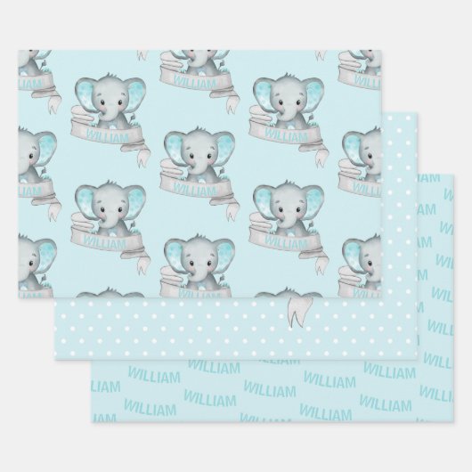 Persoonlijke naam Elephant Baby Boy Blue Grey Inpakpapier Vel (Set)