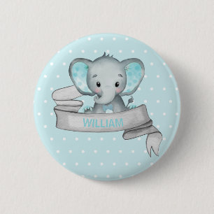 Persoonlijke naam Elephant Baby Boy Blue & Grey Ronde Button 5,7 Cm