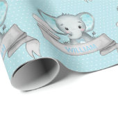 Persoonlijke naam Elephant Baby Boy Blue & Grey Wr Cadeaupapier (Rol Hoek)