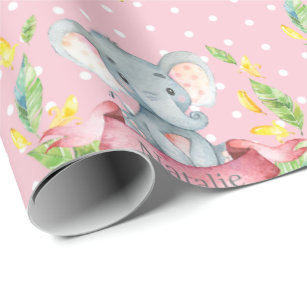 Persoonlijke naam Elephant Baby Girl Pink en Grey Cadeaupapier