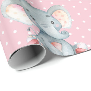 Persoonlijke naam Elephant Baby Girl Pink en Grey Cadeaupapier