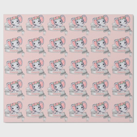Persoonlijke naam Elephant Baby Girl Pink & Grey Cadeaupapier (Vlak)