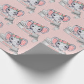 Persoonlijke naam Elephant Baby Girl Pink & Grey Cadeaupapier (Hoek)