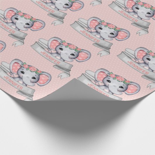 Persoonlijke naam Elephant Baby Girl Pink & Grey Cadeaupapier (Hoek)