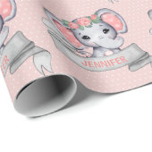 Persoonlijke naam Elephant Baby Girl Pink & Grey Cadeaupapier (Rol Hoek)