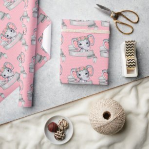 Persoonlijke naam Elephant Baby Girl Pink & Grey Cadeaupapier