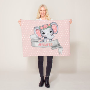 Persoonlijke naam Elephant Baby Girl Pink & Grey Fleece Deken