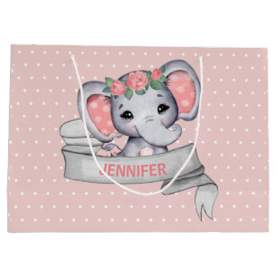 Persoonlijke naam Elephant Baby Girl Pink & Grey Groot Cadeauzakje