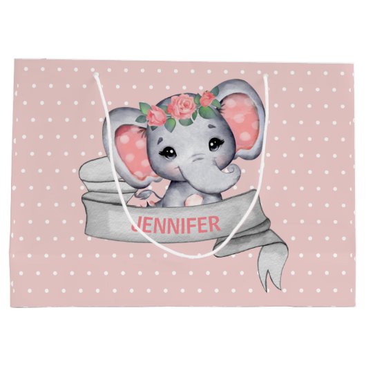 Persoonlijke naam Elephant Baby Girl Pink & Grey Groot Cadeauzakje (Achterkant)