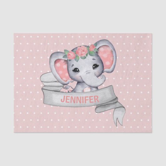 Persoonlijke naam Elephant Baby Girl Pink & Grey Tissuepapier (Voorkant)