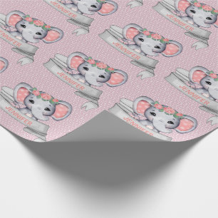 Persoonlijke naam Elephant Baby Girl Pink & Grey W Cadeaupapier