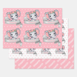 Persoonlijke naam Elephant Baby Girl Pink Pattern Inpakpapier Vel
