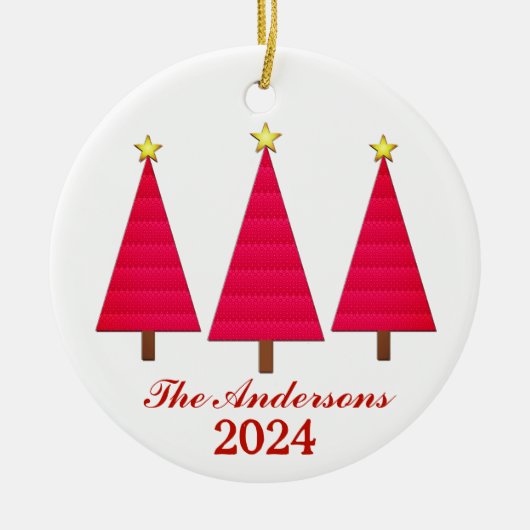 Persoonlijke Naam en Jaar Rode Kerstbomen Keramisch Ornament (Voorkant)