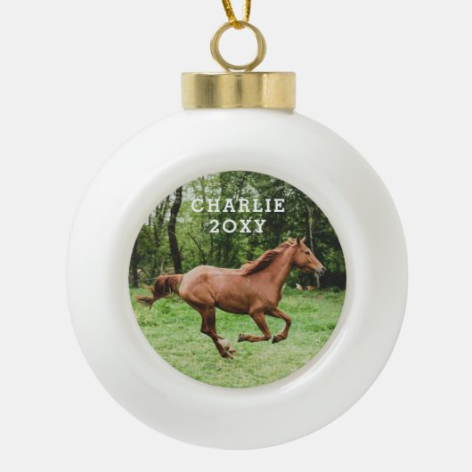 Persoonlijke naam en paardenfoto keramische bal ornament (Voorkant)