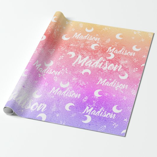 Persoonlijke naam Fairy Rainbow Moon Girl Cadeaupapier (Uitgerold)