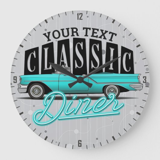 Persoonlijke naam Faux Neon 50 Classic Car Diner Grote Klok (Voorkant)
