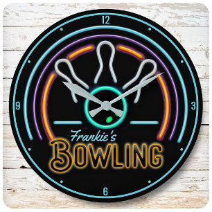 Persoonlijke NAAM Faux Neon Bowling Ball Pins Ronde Klok