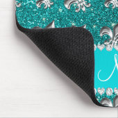 Persoonlijke naam fleur de lis bright aqua glitter muismat (Hoek)