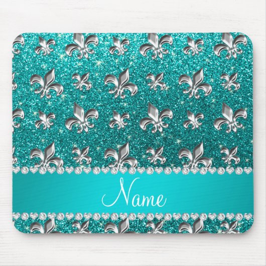 Persoonlijke naam fleur de lis bright aqua glitter muismat (Voorkant)