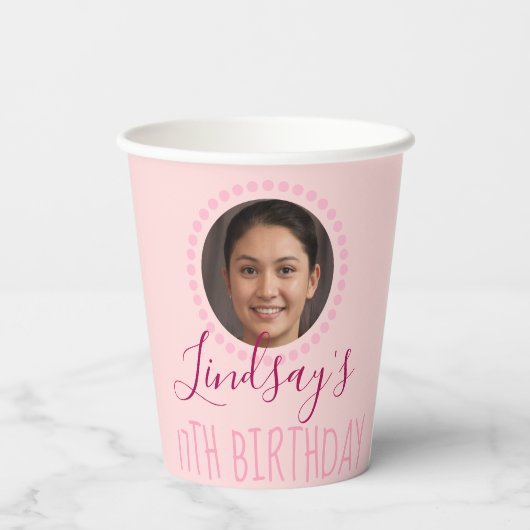 Persoonlijke naam & foto roze bloemen verjaardag papieren bekers (Achterkant)