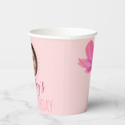 Persoonlijke naam & foto roze bloemen verjaardag papieren bekers (Rechts)