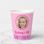 Persoonlijke naam & foto roze bloemen verjaardag papieren bekers (Achterkant)