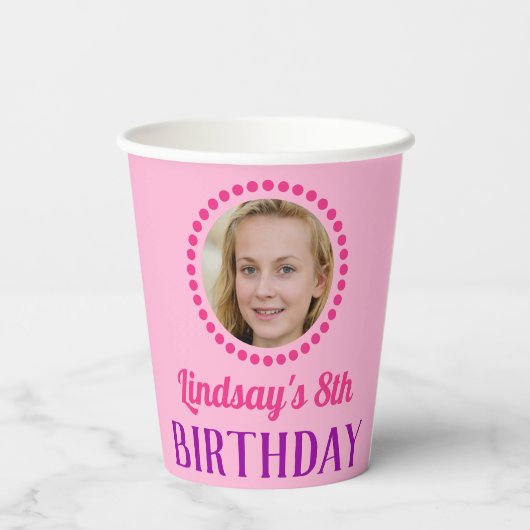 Persoonlijke naam & foto roze bloemen verjaardag papieren bekers (Achterkant)
