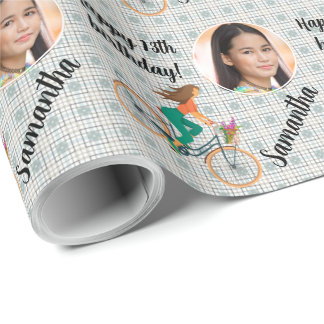 Persoonlijke naam Fotomeisje op Pedal Bike Cadeaupapier