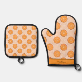 Persoonlijke naam fruit sinaasappel en bruin ovenwant & pannenlap set