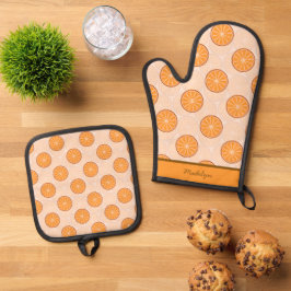 Persoonlijke naam fruit sinaasappel en bruin ovenwant & pannenlap set