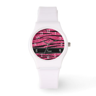 Persoonlijke naam fuchsia roze glitter zebra strip horloge