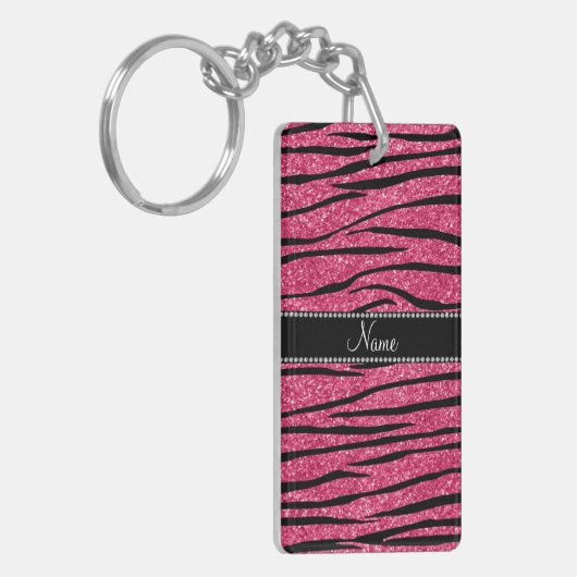 Persoonlijke naam fuchsia roze glitter zebra strip sleutelhanger (Voorkant Links)